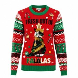 Ugly Christmas Sweater S Red Cat Pom Pom Falala Funny Grumpy Party Funny Kitschy